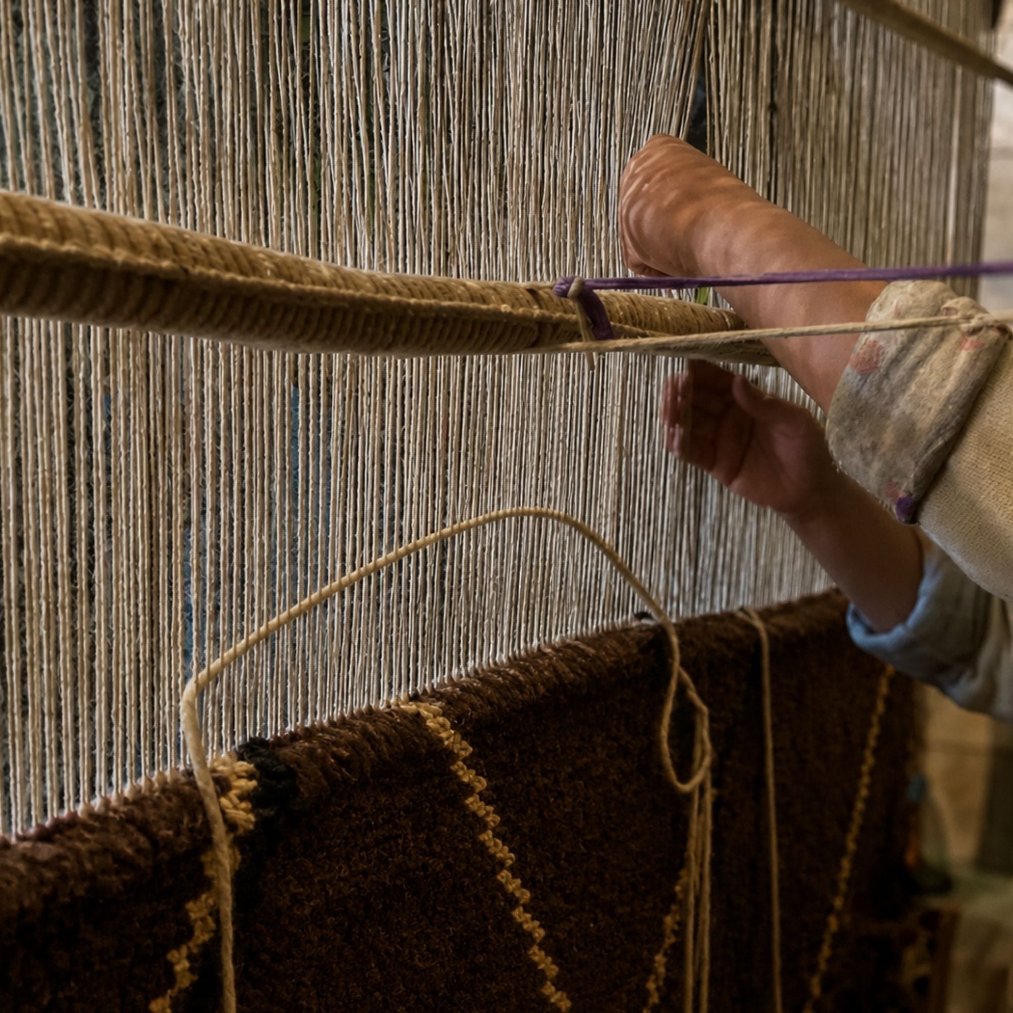 Moroccan artisan hand weaving Intersect No. 01 chocolate brown wool rug