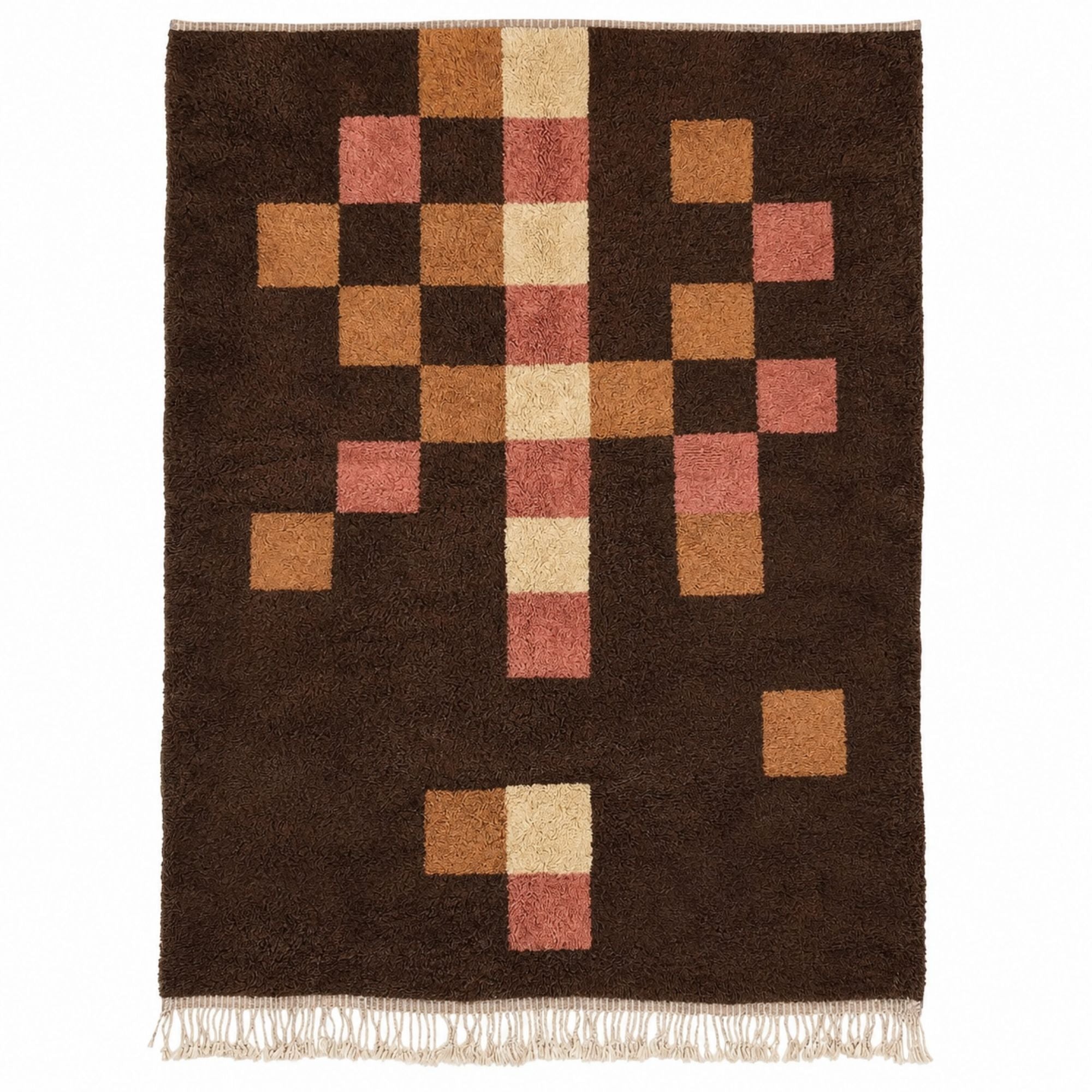 Mosaic No. 01 handmade brown Moroccan wool rug with camel ivory and rose geometric pattern
