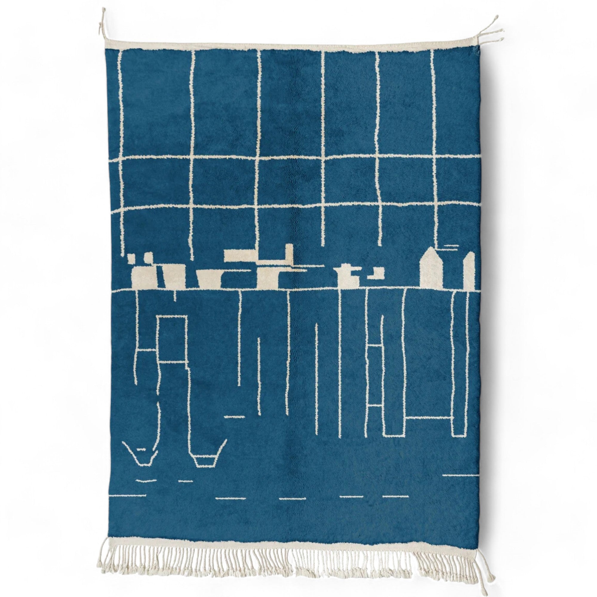 Oasis Elegance blue Moroccan rug with a white abstract design, handwoven by Berber artisans