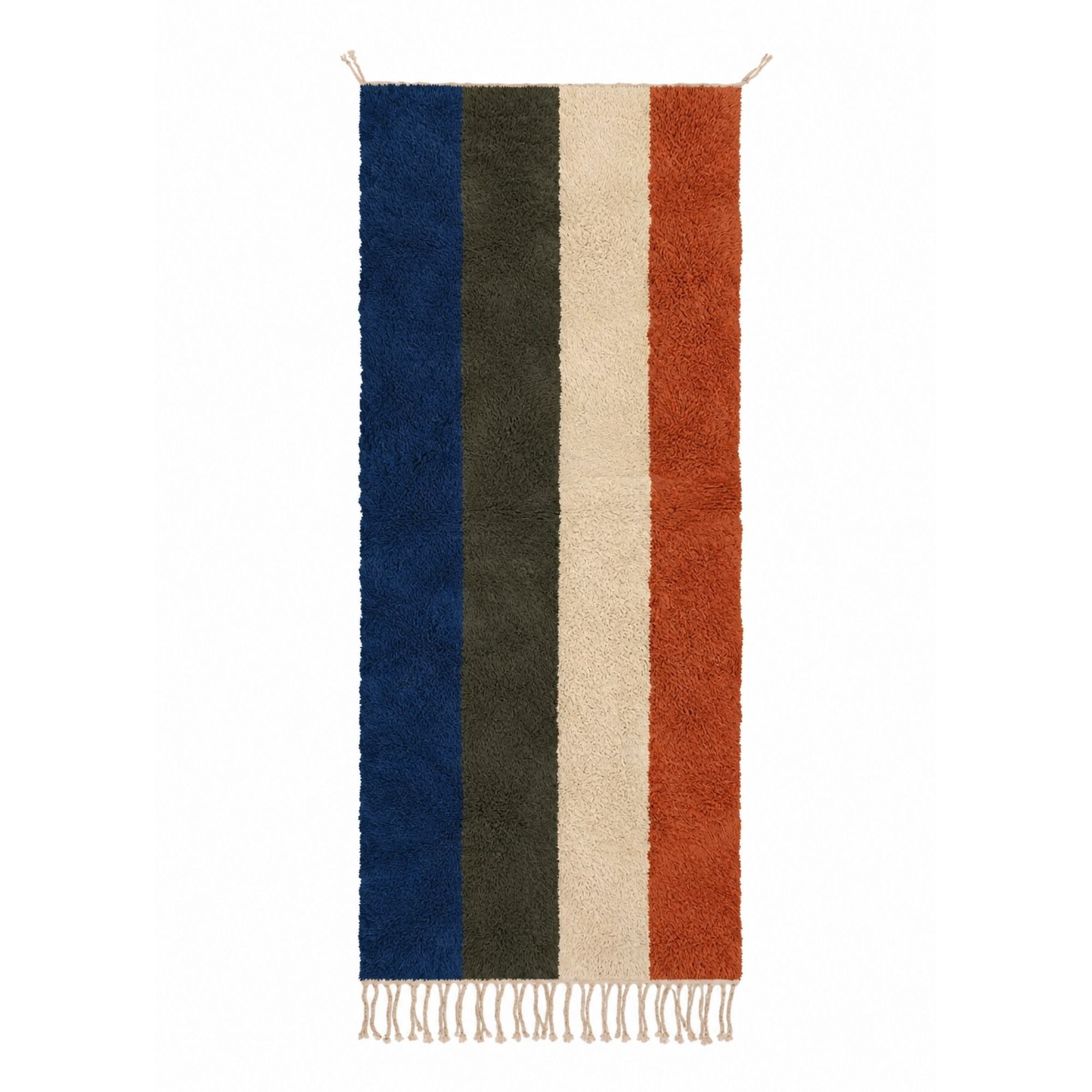 Passage colorful handmade Moroccan wool rug with blue, olive green, ivory and terracotta stripes