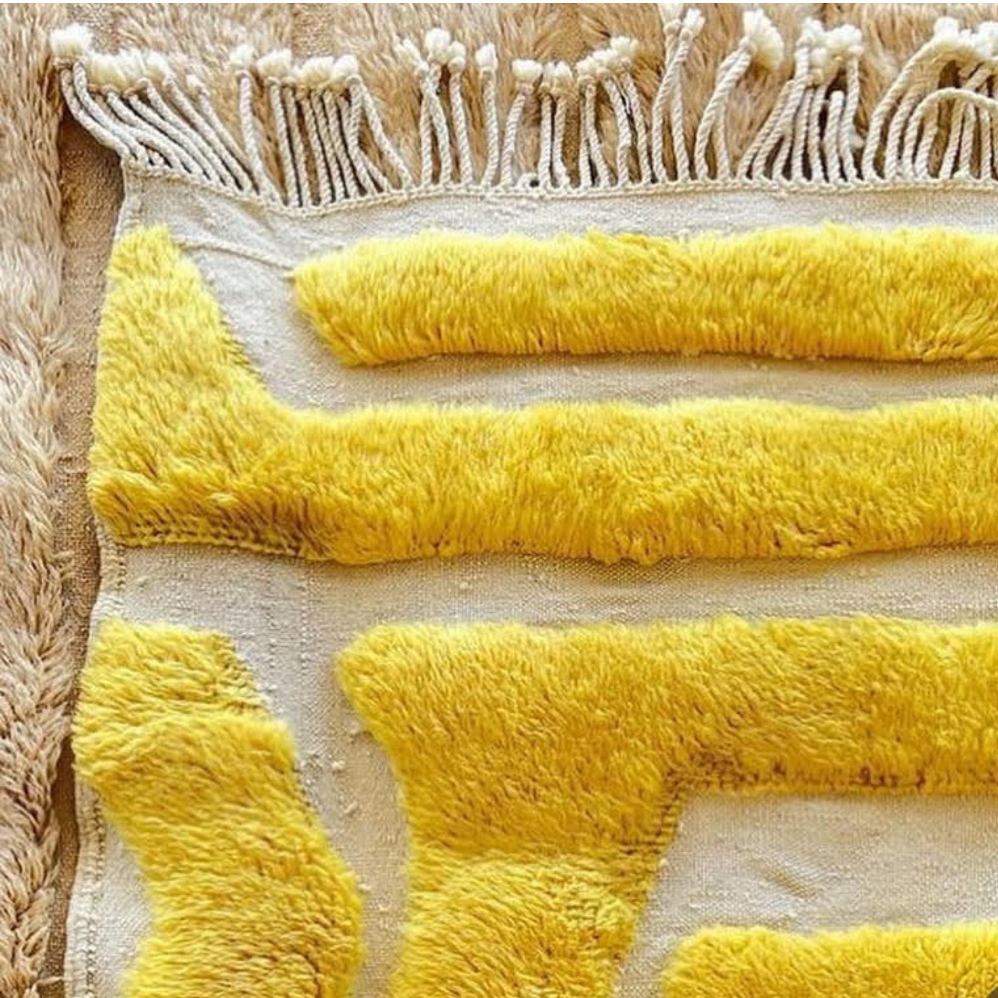 Radiant Realm Moroccan shag rug in vibrant yellow with a beautifully textured design, handwoven by Berber artisans