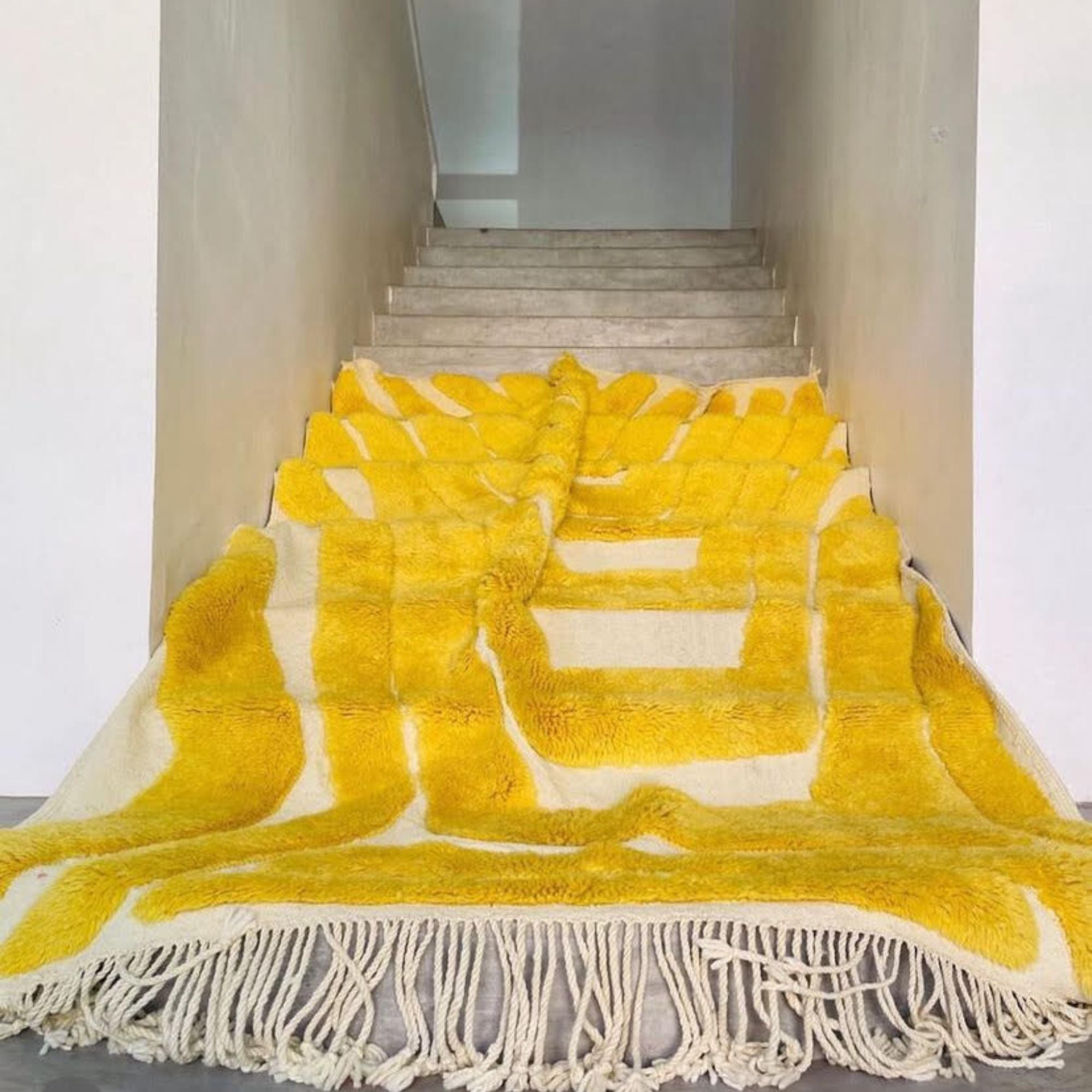 Radiant Realm Moroccan shag rug in vibrant yellow with a beautifully textured design, handwoven by Berber artisans