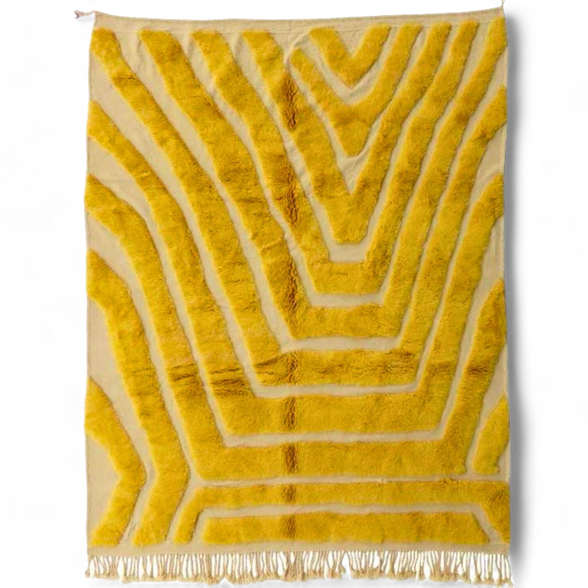 Radiant Realm Moroccan shag rug in vibrant yellow with a beautifully textured design, handwoven by Berber artisans