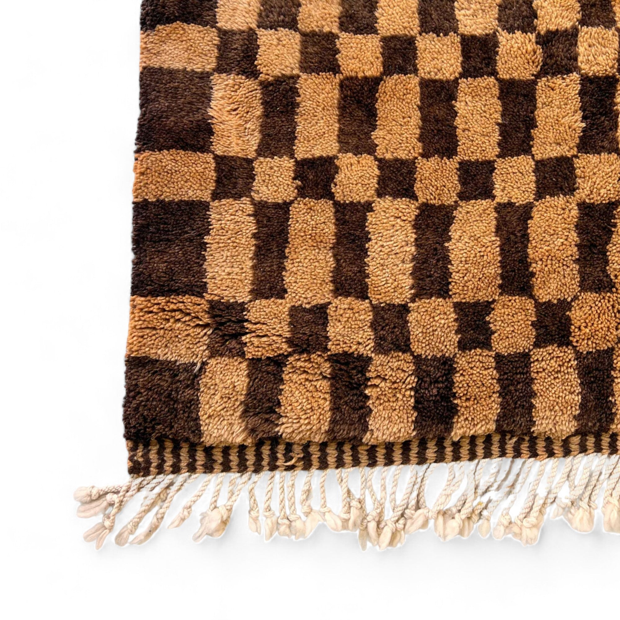 Radiant Rhapsody brown Moroccan rug with a checkered design in two shades of brown, handwoven by Berber artisans