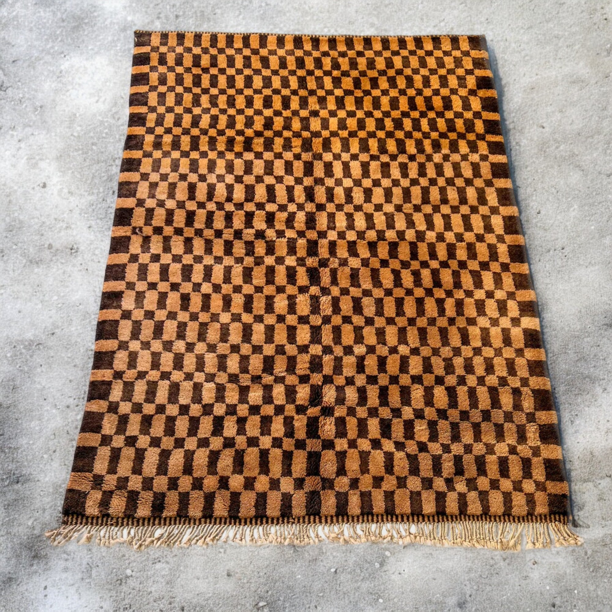 Radiant Rhapsody brown Moroccan rug with a checkered design in two shades of brown, handwoven by Berber artisans