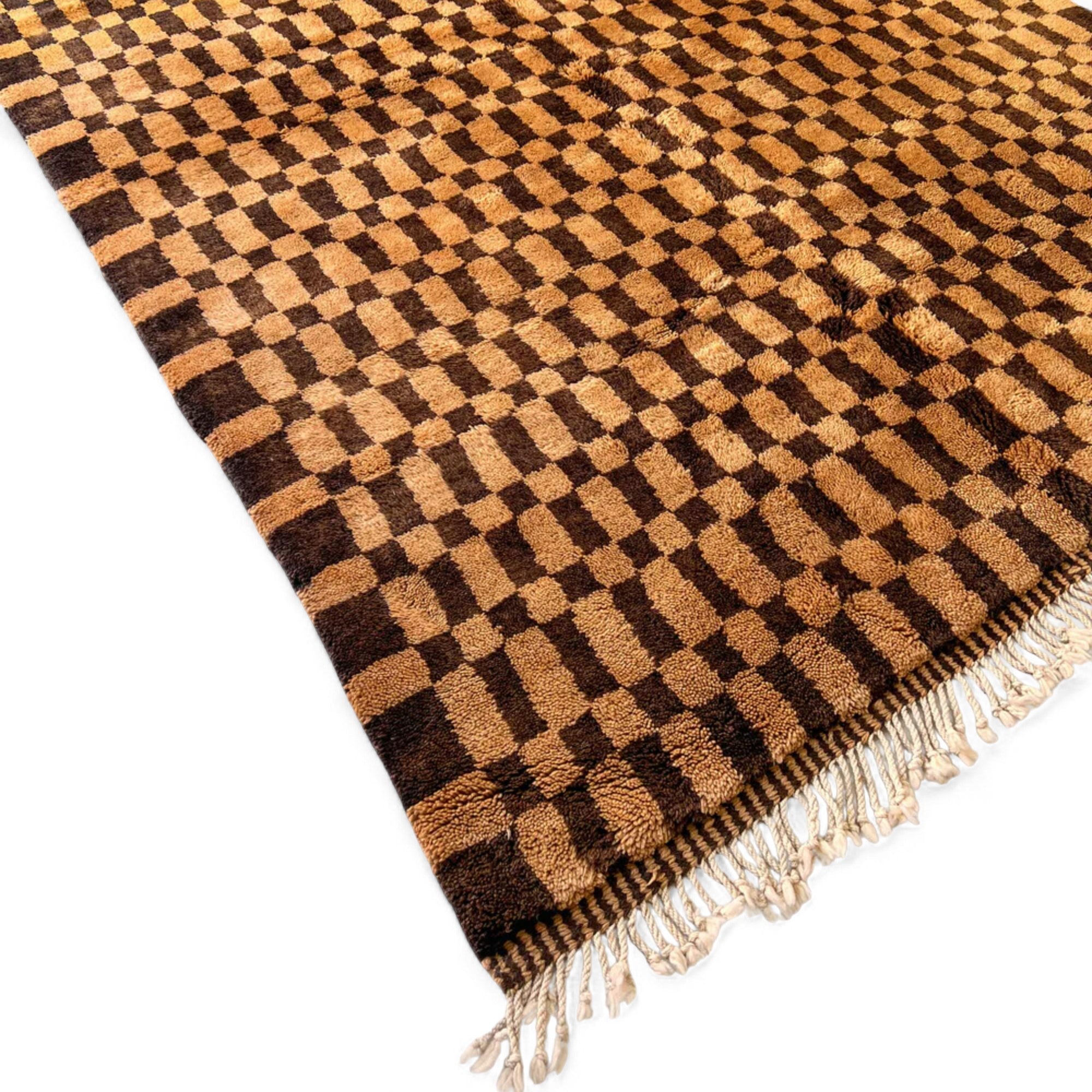 Radiant Rhapsody brown Moroccan rug with a checkered design in two shades of brown, handwoven by Berber artisans