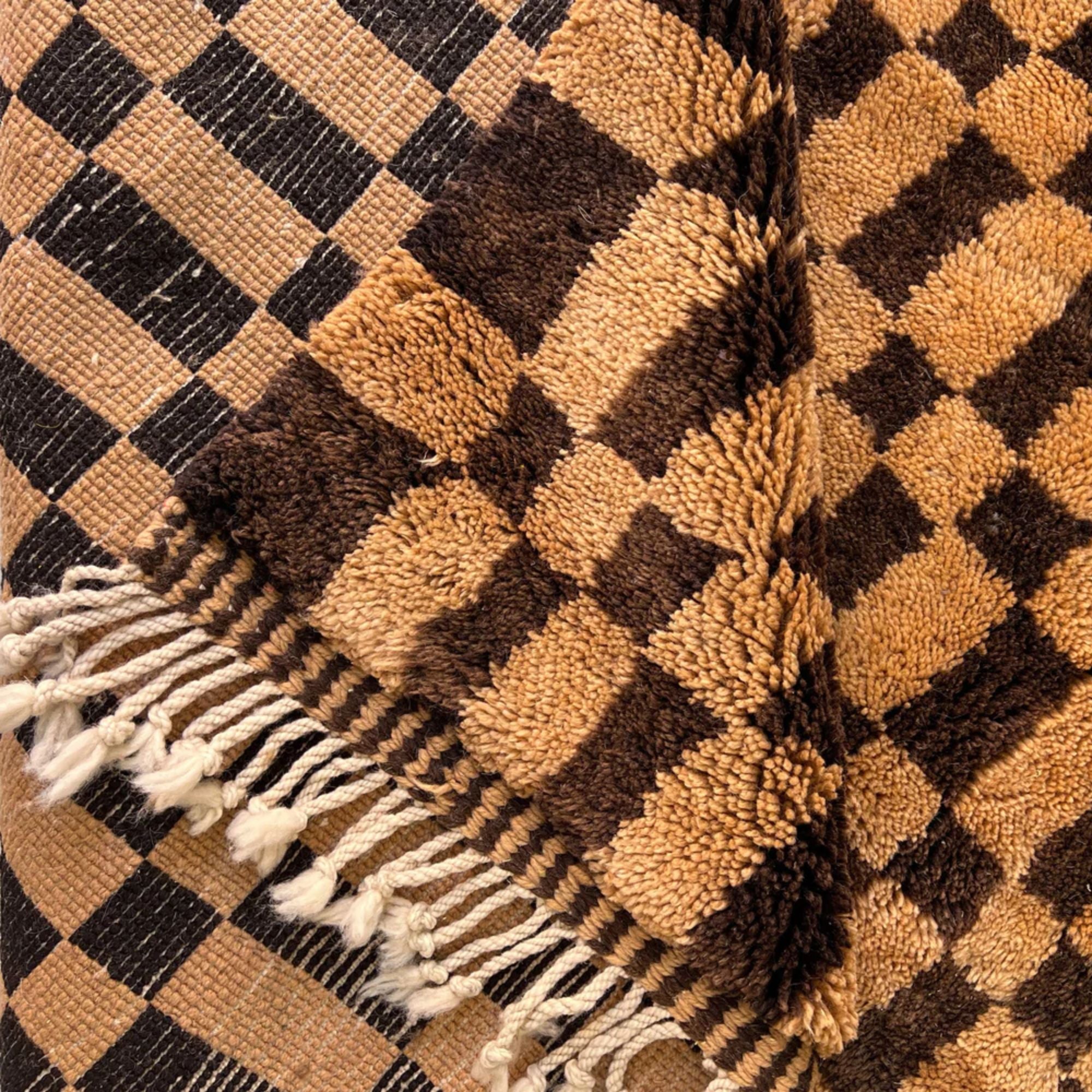 Radiant Rhapsody brown Moroccan rug with a checkered design in two shades of brown, handwoven by Berber artisans