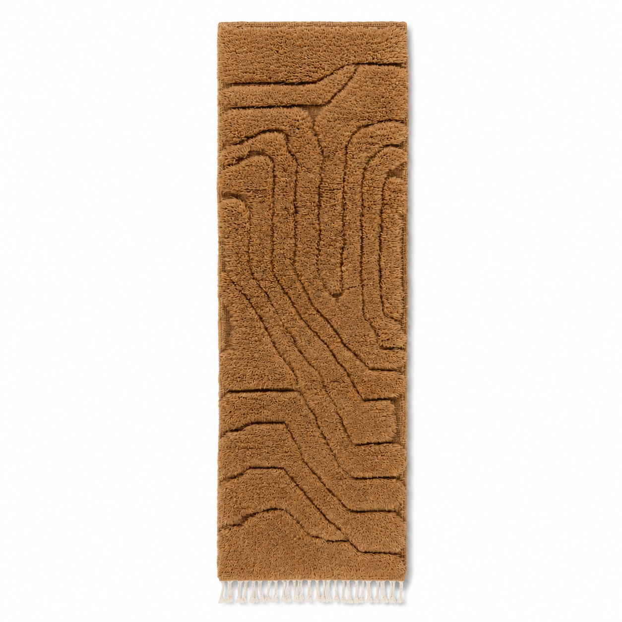 Relief No. 01 handwoven Moroccan runner rug in warm camel brown wool, featuring a sculptural high-pile relief pattern inspired by carved landscapes and organic topographic forms, displayed on a neutral background with ivory tassels.