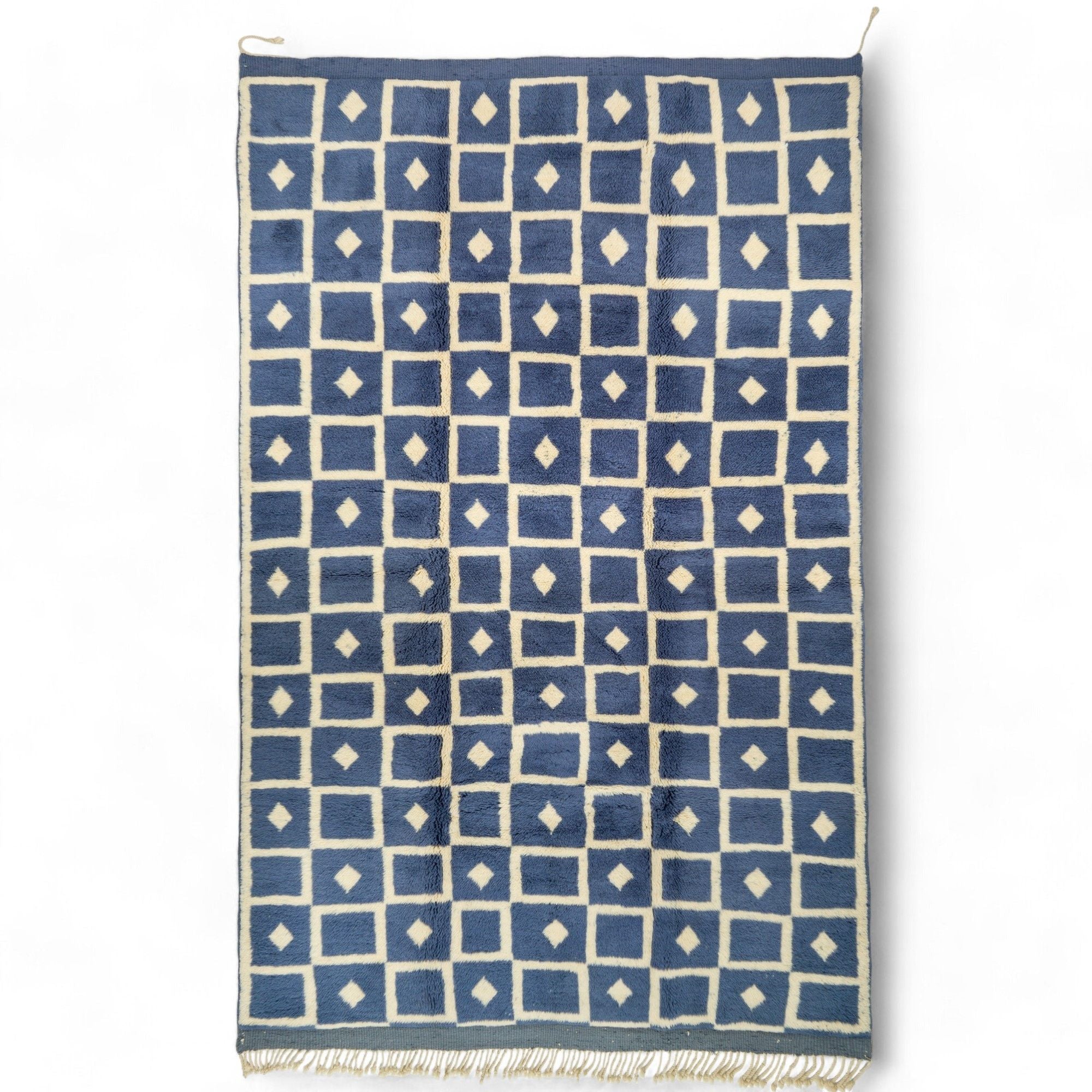 Sandstone Serenade Handmade Wool Rug - Blue Checkered Design with Diamonds