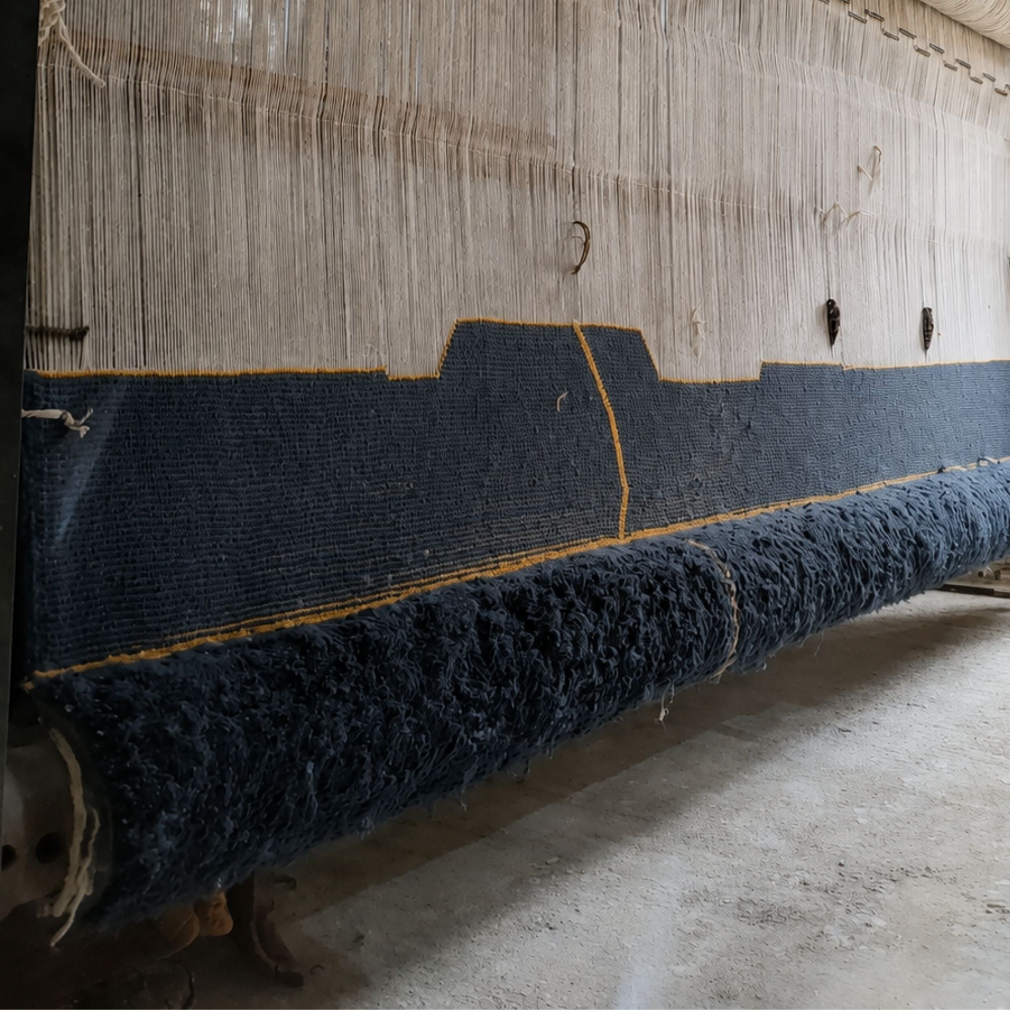 Sillage No. 01 blue Moroccan wool rug being handmade on traditional loom