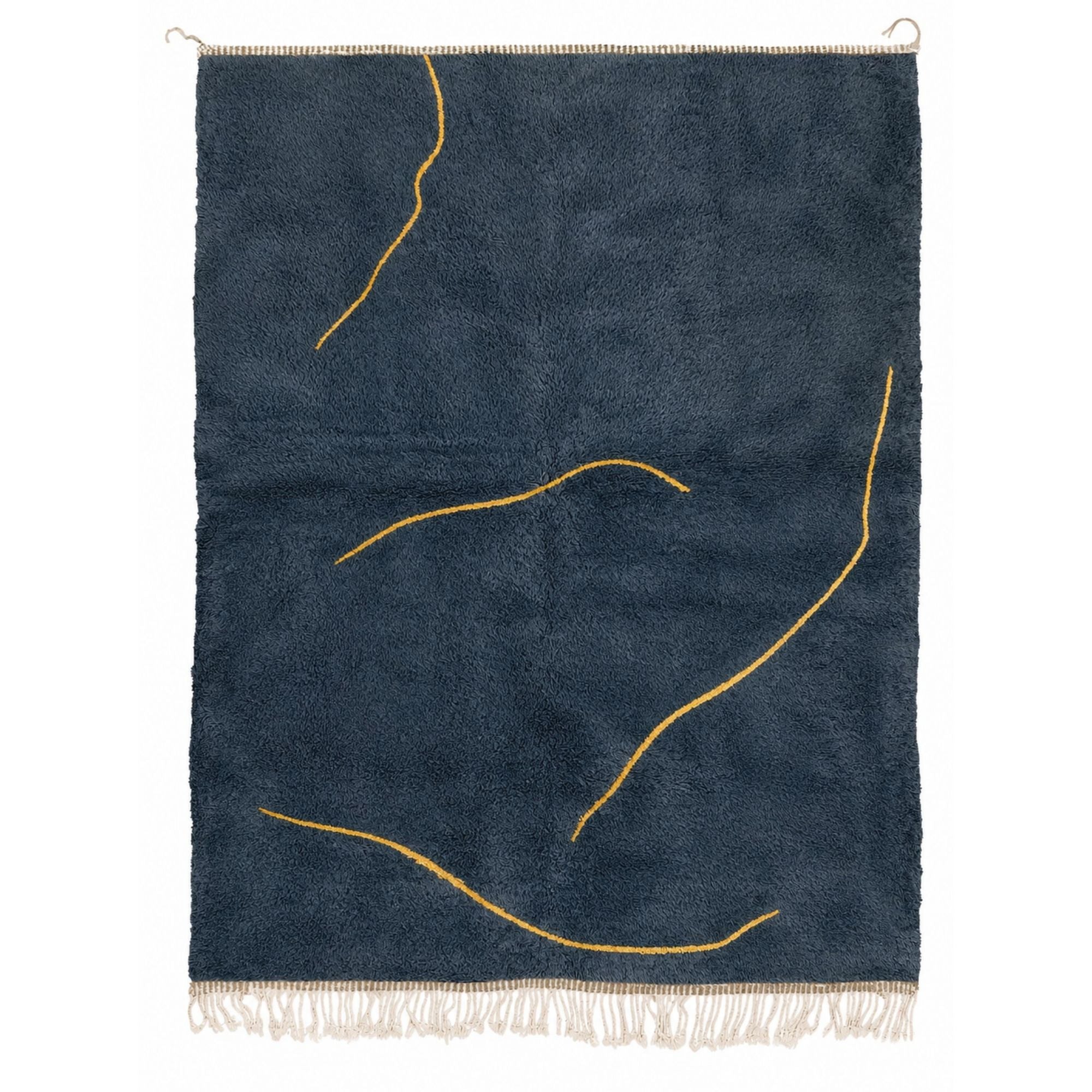 Sillage No. 01 navy blue Moroccan wool rug with abstract ochre lines