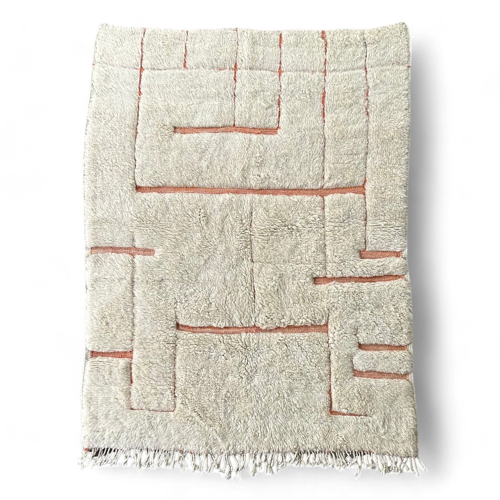 Solstice Serenity white Moroccan rug with a textured pink design, handwoven by Berber artisans