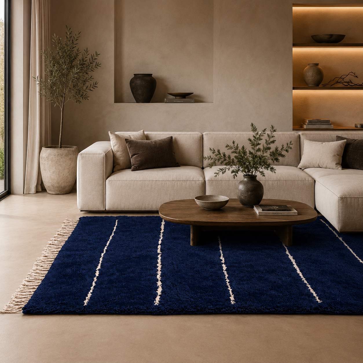 Trace No. 01 styled in a contemporary living room featuring warm neutral interiors and sculptural furnishings.