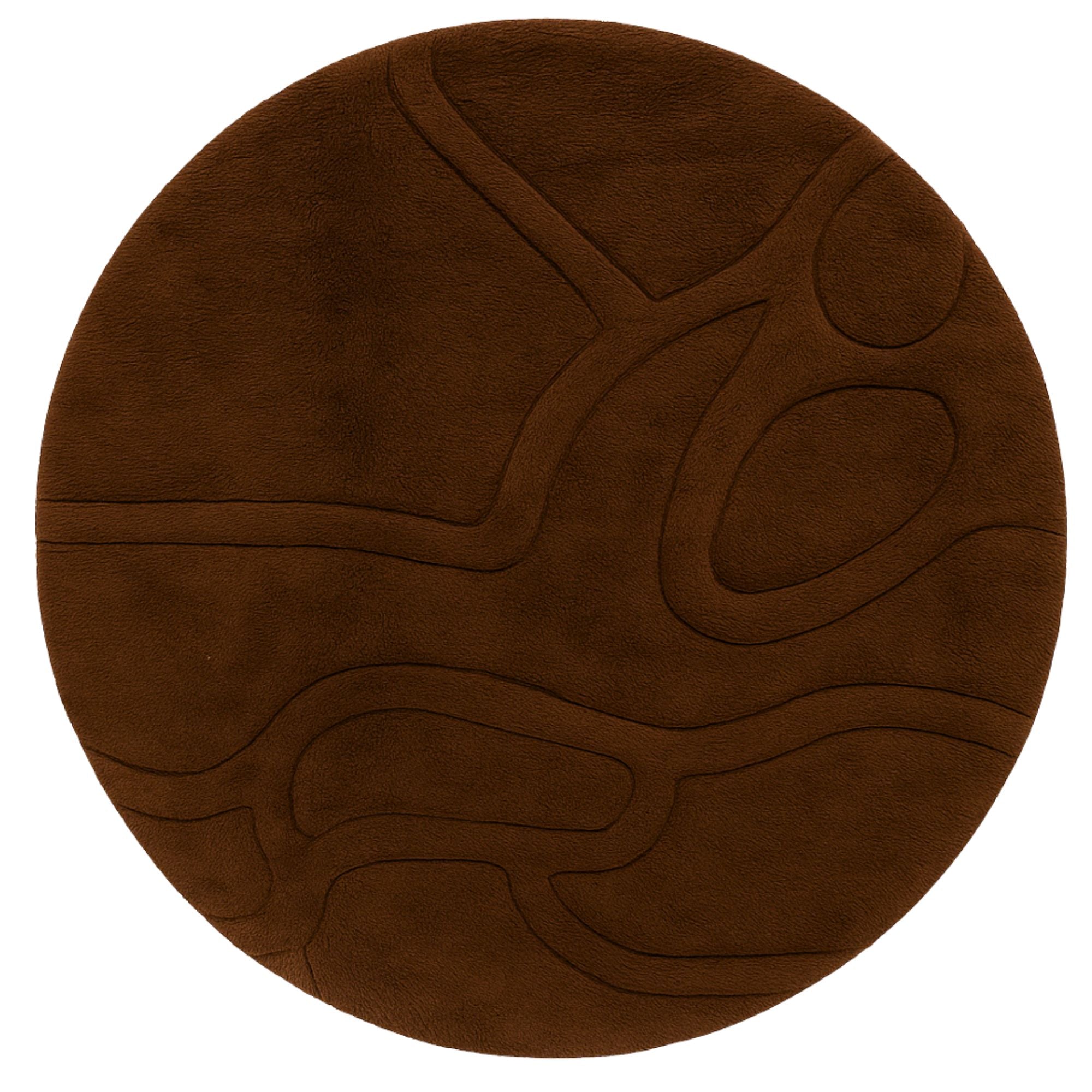 Umber Veil Round Rug — a handmade Moroccan wool piece in deep chocolate brown with organic hand-carved lines. Part of the Tactile Reverie collection.