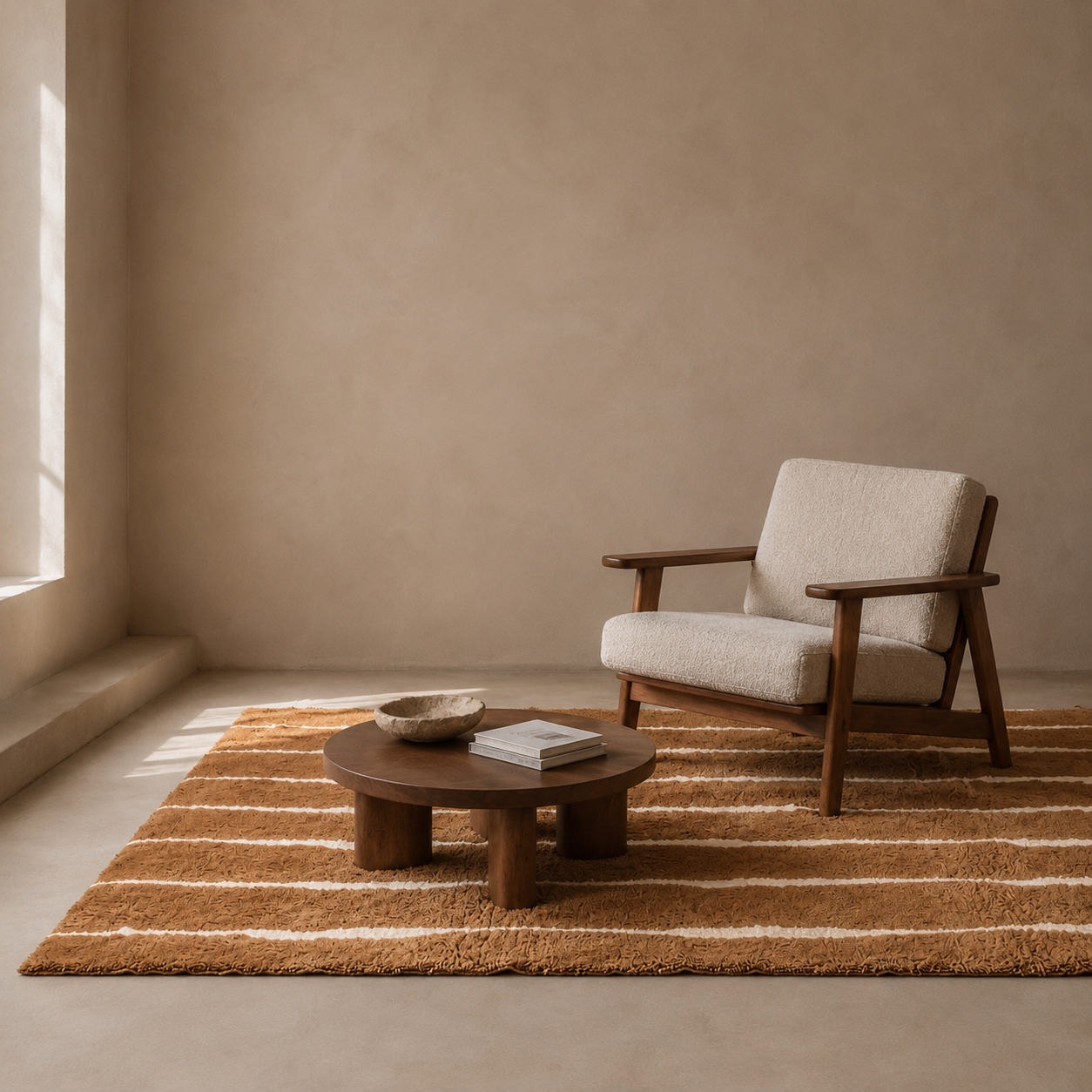 Veil No. 01 camel Moroccan rug styled in a minimalist living room with a wooden lounge chair, showcasing its organic ivory stripe pattern and luxurious wool texture.