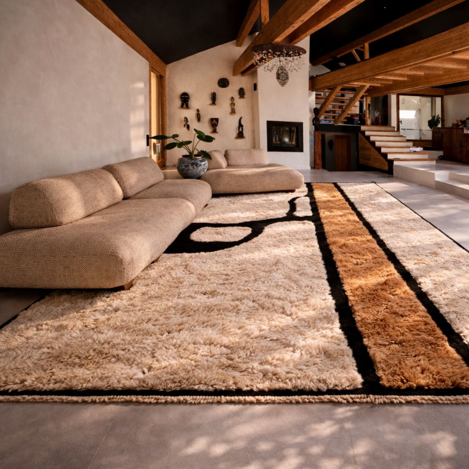 Beni Mrirt Moroccan rug in a modern living room, handmade wool rug with natural texture in beige, black and camel tones