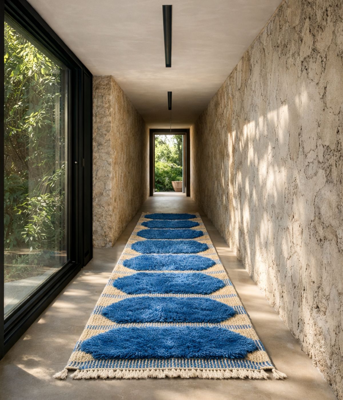 Handmade Moroccan Berber blue wool runner rug styled in a minimalist stone hallway interior