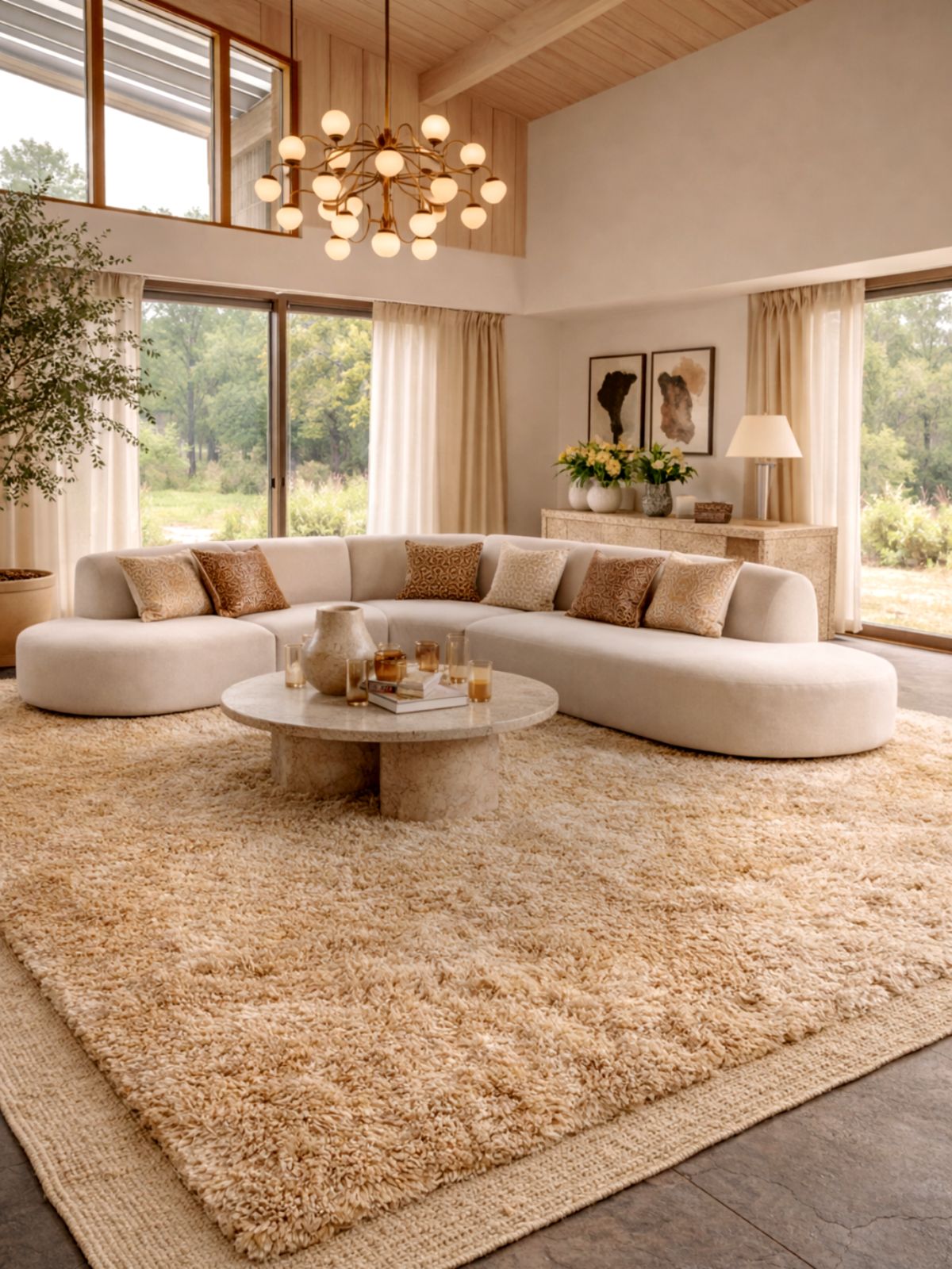 Luxury Moroccan Berber wool rug in a modern living room with a curved neutral sofa and natural light, showcasing soft high-pile texture and handcrafted design