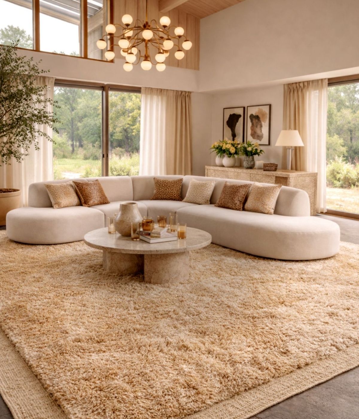 Handmade Moroccan Berber wool rug in soft neutral beige tones, styled in a luxury Dubai living room with a curved sofa and natural light, showcasing plush high-pile texture and artisanal craftsmanship.