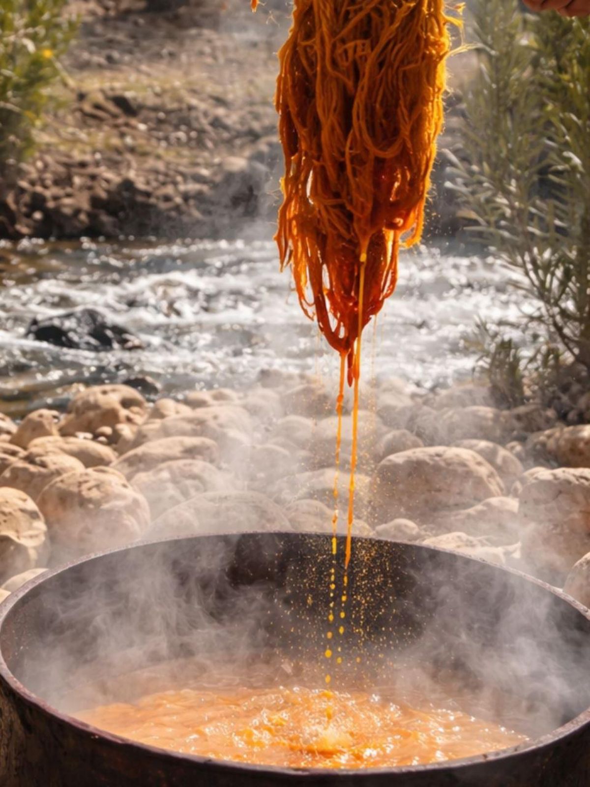 Hand dyeing Moroccan wool using natural pigments by a river, showcasing traditional Berber rug craftsmanship and artisanal process