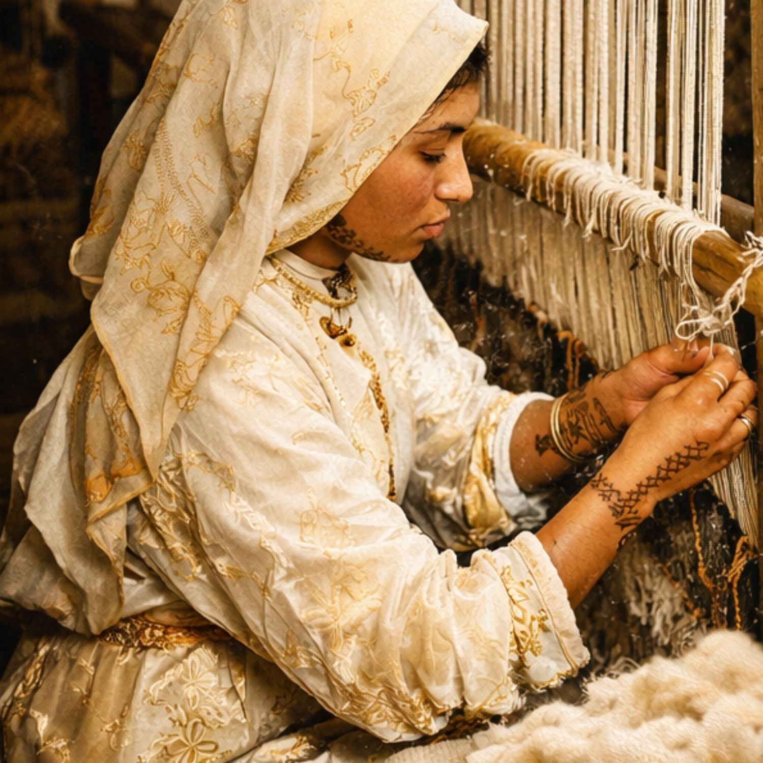 Berber artisan handweaving a Moroccan wool rug on a traditional loom in Morocco